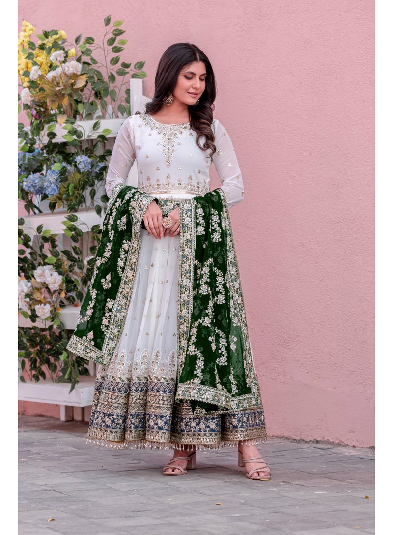 Worldwin Women's Heavy Faux Georgette Fully Stitched Party Gown Set with Embroidered Dupatta & Bottom – Tassel Sleeves & Latkan Border  - Image 1
