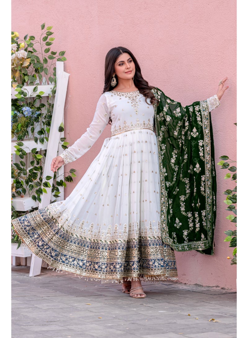 Worldwin Women's Heavy Faux Georgette Fully Stitched Party Gown Set with Embroidered Dupatta & Bottom – Tassel Sleeves & Latkan Border  - Image 4