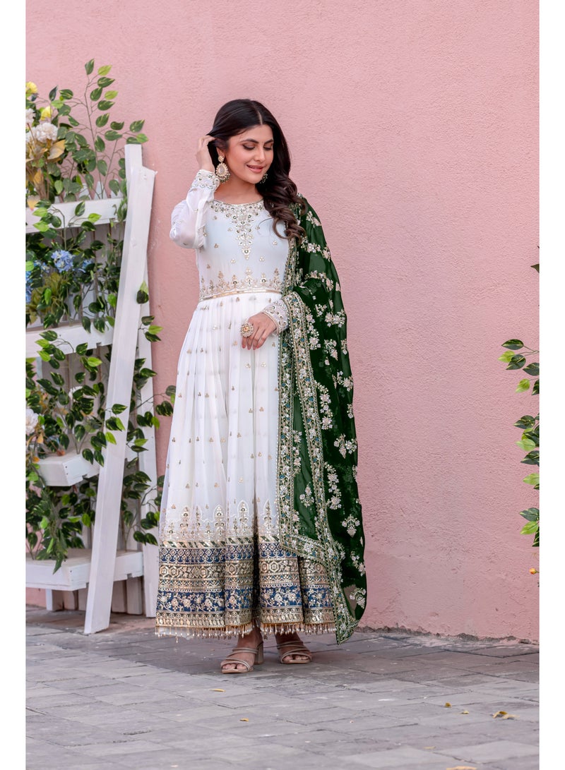 Worldwin Women's Heavy Faux Georgette Fully Stitched Party Gown Set with Embroidered Dupatta & Bottom – Tassel Sleeves & Latkan Border  - Image 3