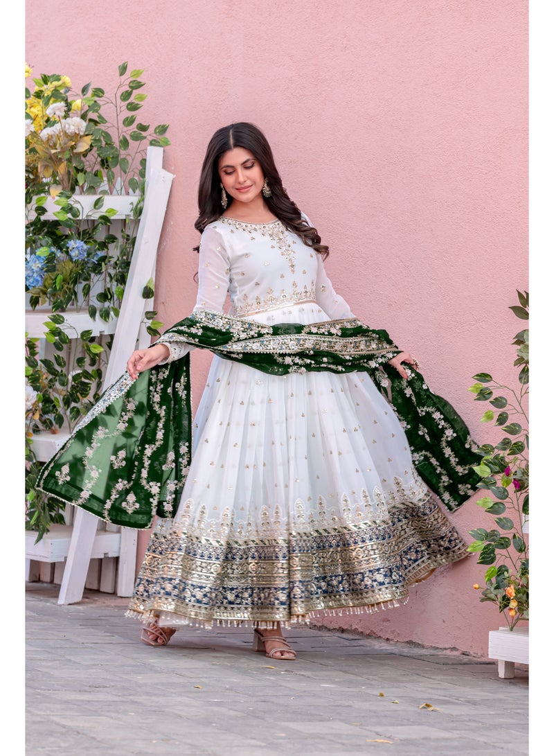 Worldwin Women's Heavy Faux Georgette Fully Stitched Party Gown Set with Embroidered Dupatta & Bottom – Tassel Sleeves & Latkan Border  - Image 2