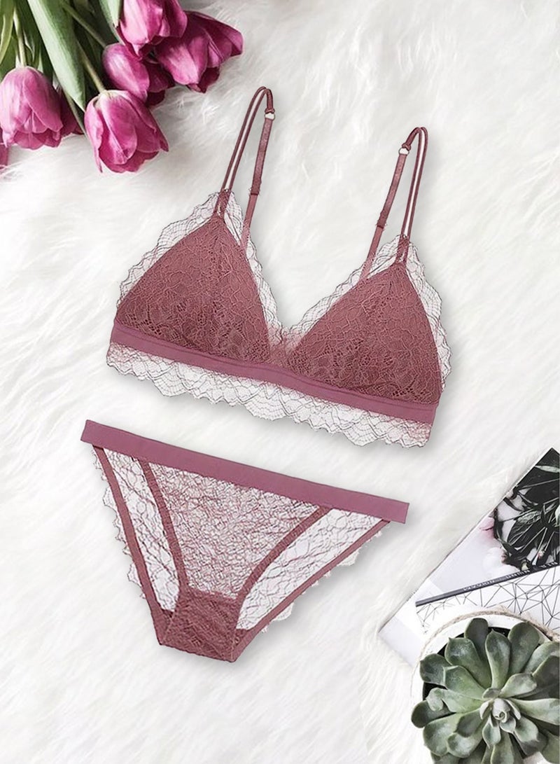 MARGOUN Women's XL Size Bra and Panty Set Bra Lace Lash Floral Briefs Underwear Triangle Cup Young Girls Underwear Lingerie Bra and Panties Set Apricot - Image 1