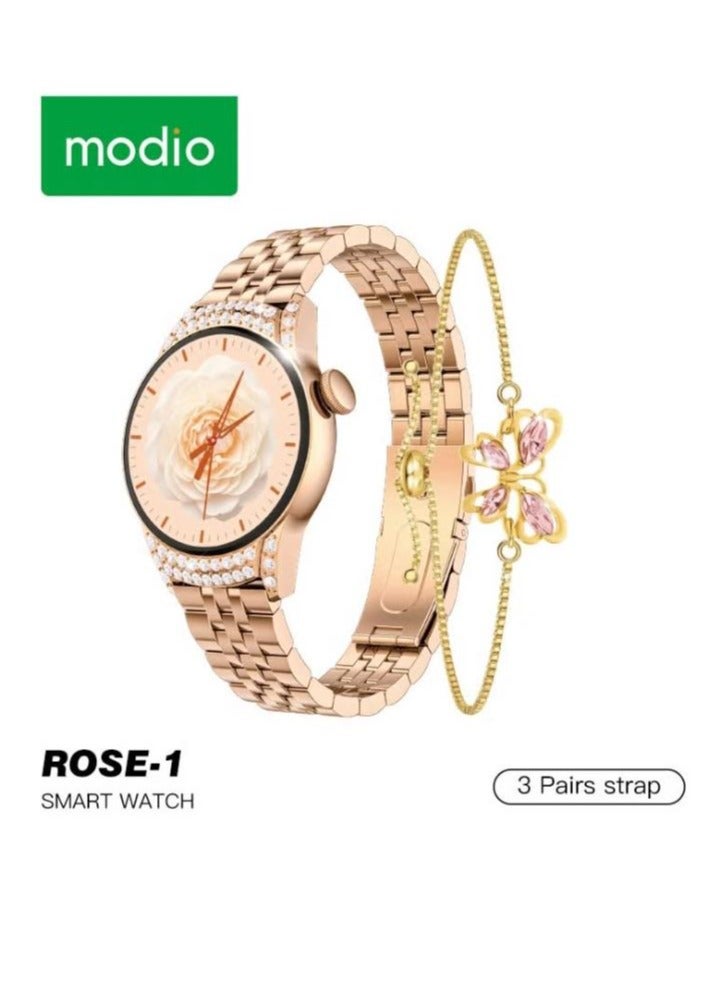 Modio Rose 1 Ladies Smart Watch With 3 Pair Straps Bracelete and Wireless Charger Gold - Image 1