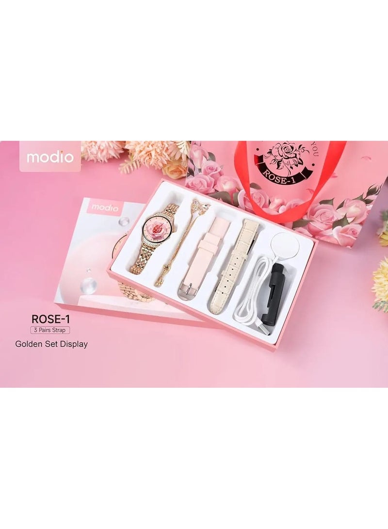 Modio Rose 1 Ladies Smart Watch With 3 Pair Straps Bracelete and Wireless Charger Gold - Image 4