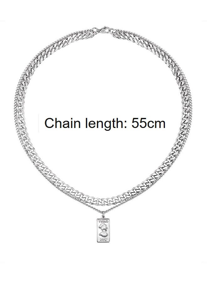 Happy D 55cm silver Cuban chain necklace, unisex classic stylish versatile double-layer jewelry - Image 2