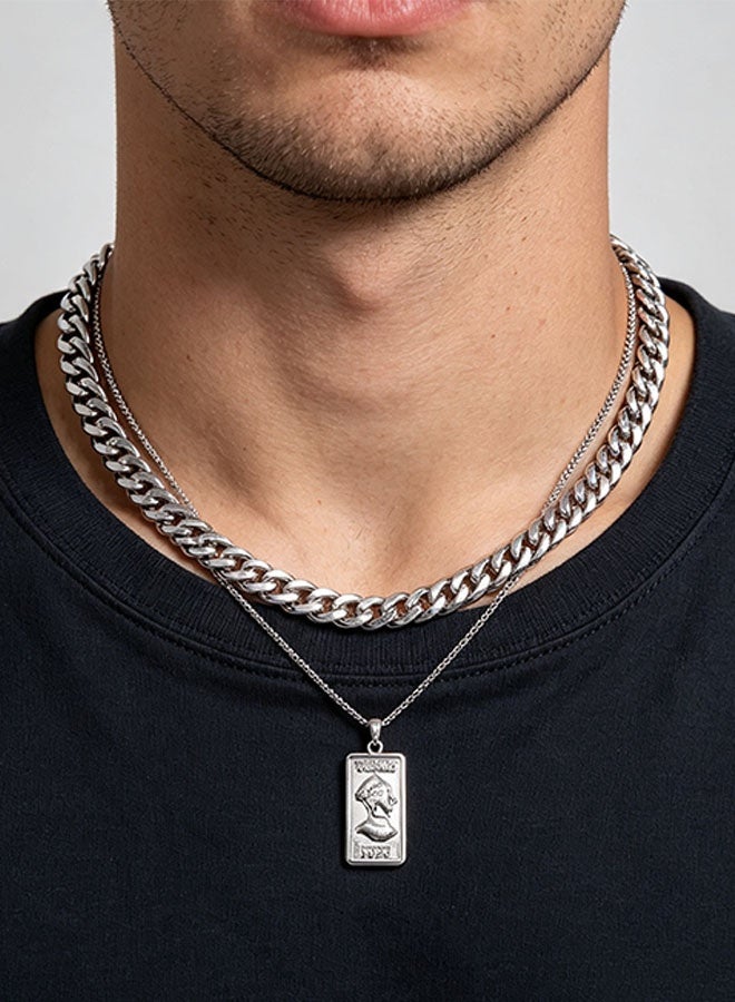 Happy D 55cm silver Cuban chain necklace, unisex classic stylish versatile double-layer jewelry - Image 1