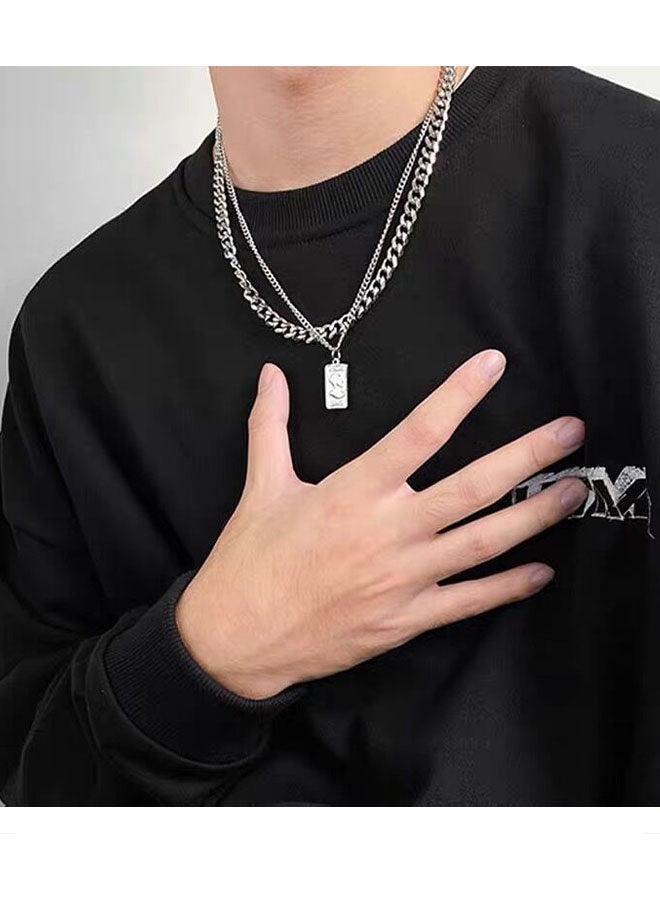Happy D 55cm silver Cuban chain necklace, unisex classic stylish versatile double-layer jewelry - Image 3