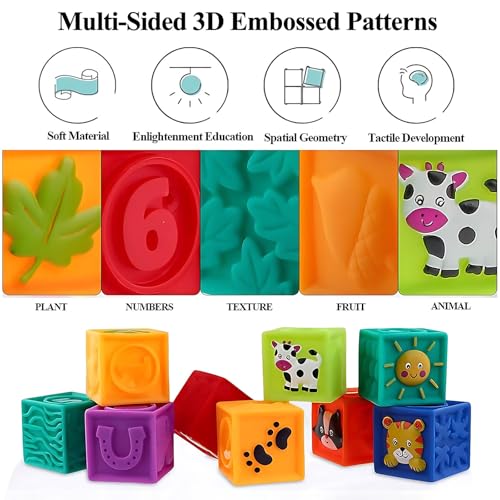 Kingtree Baby Blocks, 9PCS Soft Squeeze Building Blocks Stacking Toys for 6+ Months Babies, Baby Teething Chewing Educational Blocks Set with Numbers Animals Shapes Textures - Image 5