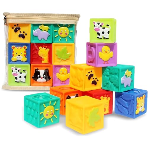 Kingtree Baby Blocks, 9PCS Soft Squeeze Building Blocks Stacking Toys for 6+ Months Babies, Baby Teething Chewing Educational Blocks Set with Numbers Animals Shapes Textures - Image 1