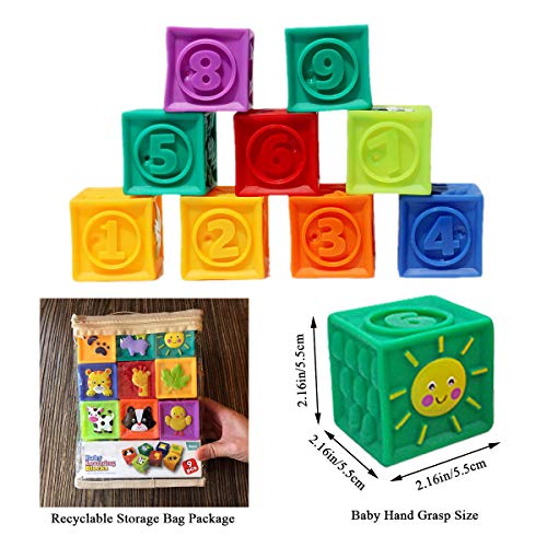 Kingtree Baby Blocks, 9PCS Soft Squeeze Building Blocks Stacking Toys for 6+ Months Babies, Baby Teething Chewing Educational Blocks Set with Numbers Animals Shapes Textures - Image 3