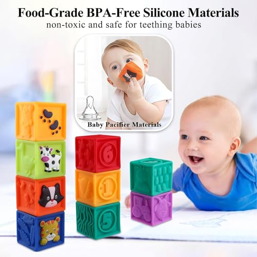 Kingtree Baby Blocks, 9PCS Soft Squeeze Building Blocks Stacking Toys for 6+ Months Babies, Baby Teething Chewing Educational Blocks Set with Numbers Animals Shapes Textures - Image 4