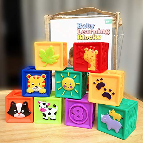 Kingtree Baby Blocks, 9PCS Soft Squeeze Building Blocks Stacking Toys for 6+ Months Babies, Baby Teething Chewing Educational Blocks Set with Numbers Animals Shapes Textures - Image 2