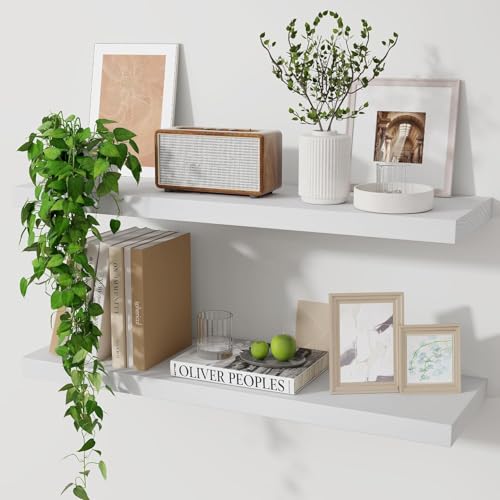 Marsmiles Wood Floating Shelves for Wall Set of 2, 24 Inch Wide Rustic Wooden Floating Shelves, Invisible Wall Mounted Display for Living Room Bedroom Kitchen Bathroom Office, White - Image 1