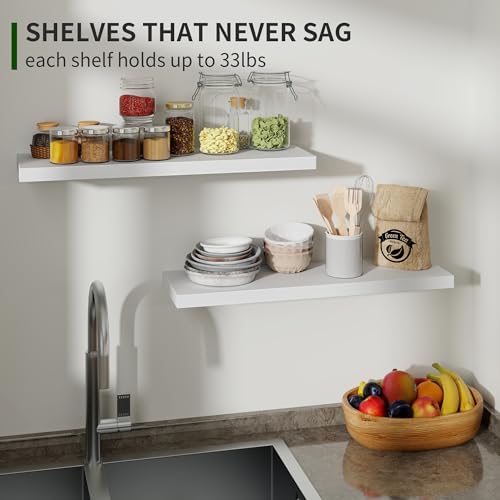 Marsmiles Wood Floating Shelves for Wall Set of 2, 24 Inch Wide Rustic Wooden Floating Shelves, Invisible Wall Mounted Display for Living Room Bedroom Kitchen Bathroom Office, White - Image 5