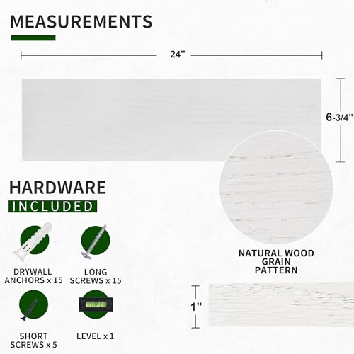 Marsmiles Wood Floating Shelves for Wall Set of 2, 24 Inch Wide Rustic Wooden Floating Shelves, Invisible Wall Mounted Display for Living Room Bedroom Kitchen Bathroom Office, White - Image 3