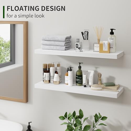 Marsmiles Wood Floating Shelves for Wall Set of 2, 24 Inch Wide Rustic Wooden Floating Shelves, Invisible Wall Mounted Display for Living Room Bedroom Kitchen Bathroom Office, White - Image 2