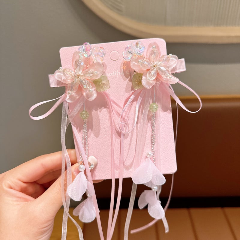 Generic New Childrens Antique Hair Accessories Flower Butterfly Antique Headwear Retro Tassel Streaming Belt Hanfu Hairpin Tang Clothing Accessories 46 large pink flowers (pair)