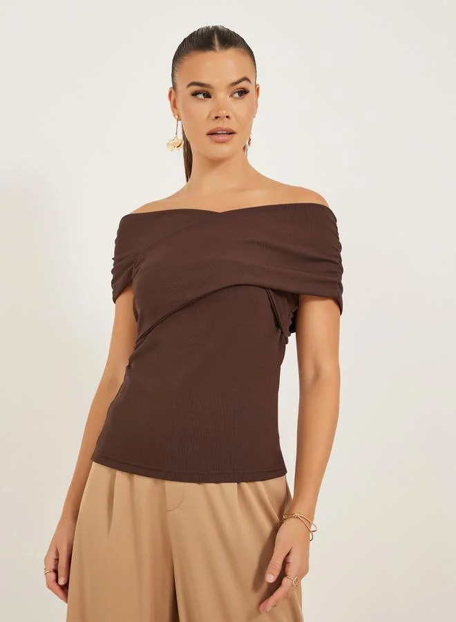 Styli Off-Shoulder Ribbed Solid Top