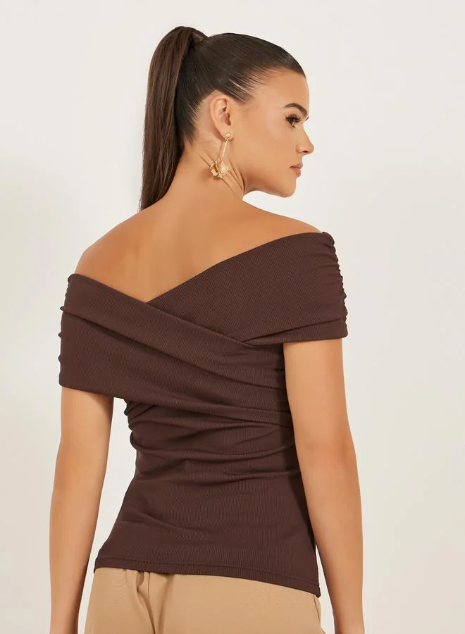 Styli Off-Shoulder Ribbed Solid Top
