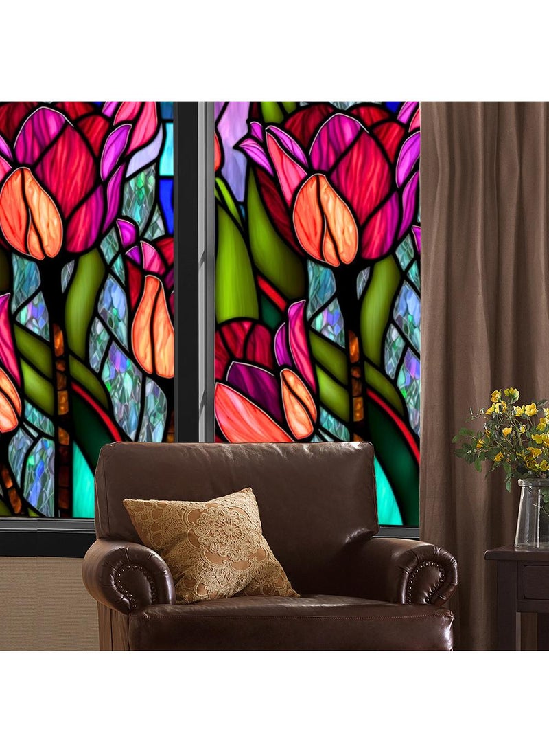 YQbest Colored retro PVC static glass sticker, adhesive free window sticker, removable glass window flower 60 * 100cm  - Image 3