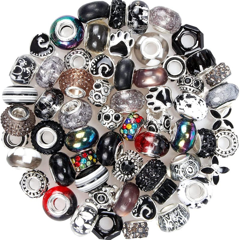 AIPRIDY 60 Pieces Assorted European Beads with Copper Core Big Hole Resin Spacer No Copper Core Lampwork Colorful Beads Rhinestone Craft Beads for DIY Charm Bracelet Jewelry Making (Black) - Image 1