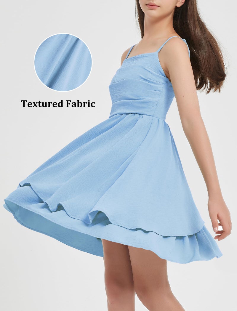 EXARUS Girls Dress Baby Blue Teen Easter Church Formal Back to School Homecoming Dance Casual Tween Swing Ruched Flowy Ruffle Summer Spaghetti Strap Adjustable Outfits Dresses Cami for 8 Years - Image 3
