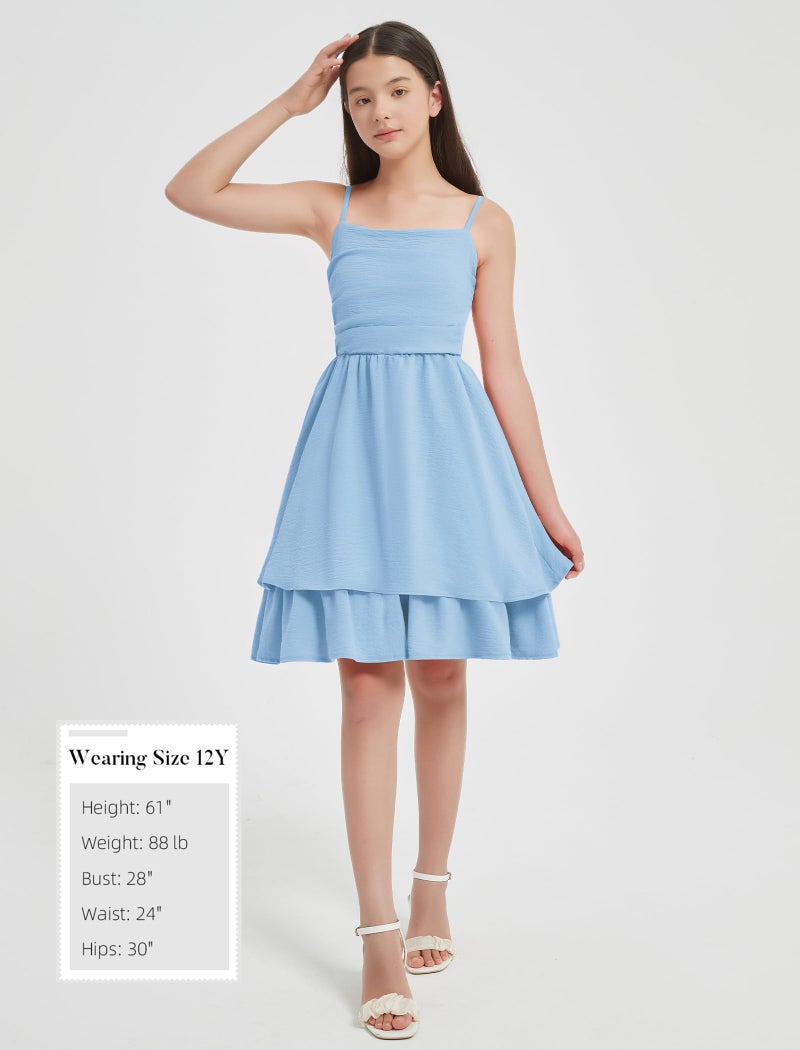 EXARUS Girls Dress Baby Blue Teen Easter Church Formal Back to School Homecoming Dance Casual Tween Swing Ruched Flowy Ruffle Summer Spaghetti Strap Adjustable Outfits Dresses Cami for 8 Years - Image 5