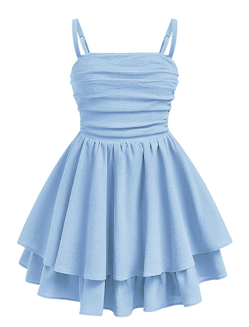 EXARUS Girls Dress Baby Blue Teen Easter Church Formal Back to School Homecoming Dance Casual Tween Swing Ruched Flowy Ruffle Summer Spaghetti Strap Adjustable Outfits Dresses Cami for 8 Years - Image 1