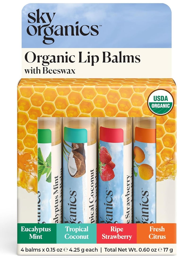 Sky Organics Sky Organics - Organic Lip Balm Set (4-Pack) - Organic Beeswax, Botanical Oils & Extracts - Vitamin E & Organic Natural Flavors - Beauty Gift Set - All Skin Types & Cruelty Free - Lip Care & Self Care - Image 1