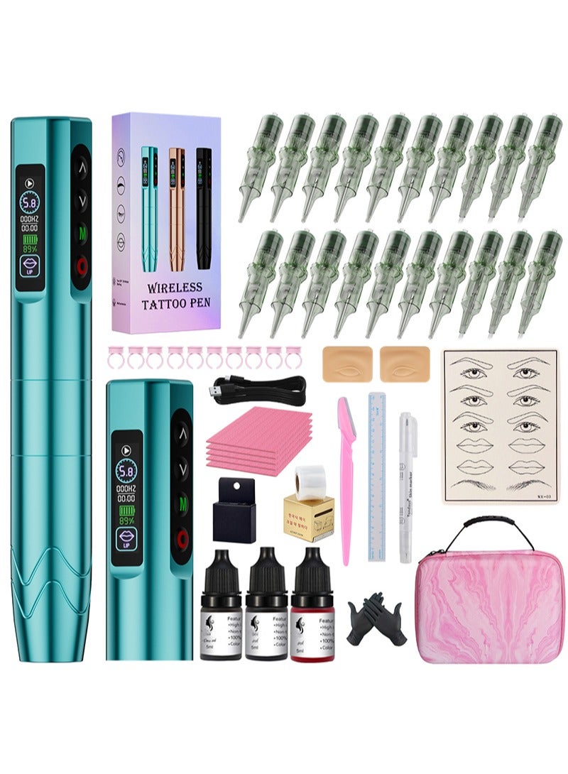 HaLunhi Cordless Tattoo Machine Kit，Includes 2 Batteries，20 Needles，Eyeliner And Other Cosmetic Microblading Supplies For Eyebrows，Eyeliner，Lips And Small Tattoos (Blue) - Image 1