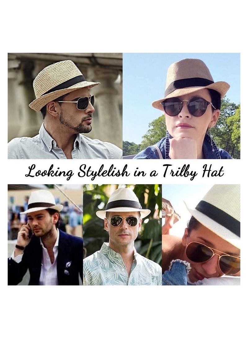 Captaintech Straw Hat Fashion Men Women Contrast Ribbon Fedora Curly Brim Unisex Panama Jazz Trilby Hat Cap Wide Brim Straw Panama Roll up Hat Beach Sun Hat UPF50  - Image 2