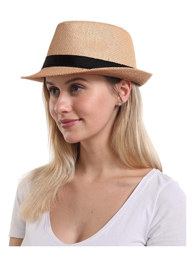 Captaintech Straw Hat Fashion Men Women Contrast Ribbon Fedora Curly Brim Unisex Panama Jazz Trilby Hat Cap Wide Brim Straw Panama Roll up Hat Beach Sun Hat UPF50  - Image 3