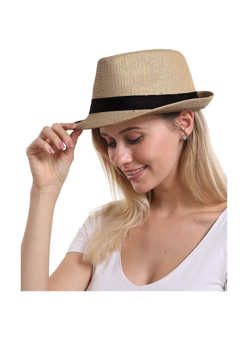 Captaintech Straw Hat Fashion Men Women Contrast Ribbon Fedora Curly Brim Unisex Panama Jazz Trilby Hat Cap Wide Brim Straw Panama Roll up Hat Beach Sun Hat UPF50  - Image 5