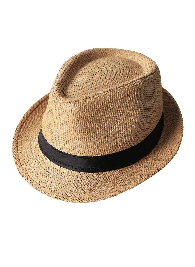 Captaintech Straw Hat Fashion Men Women Contrast Ribbon Fedora Curly Brim Unisex Panama Jazz Trilby Hat Cap Wide Brim Straw Panama Roll up Hat Beach Sun Hat UPF50  - Image 1
