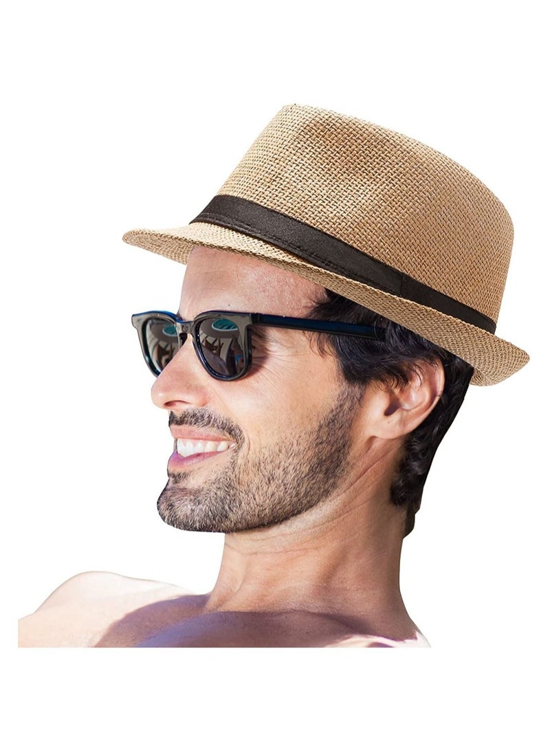 Captaintech Straw Hat Fashion Men Women Contrast Ribbon Fedora Curly Brim Unisex Panama Jazz Trilby Hat Cap Wide Brim Straw Panama Roll up Hat Beach Sun Hat UPF50  - Image 4