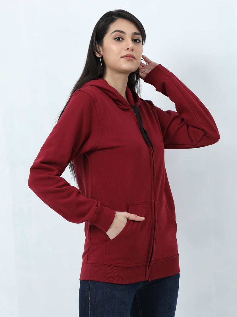 Wafaa Women's Cotton Plain Hooded Neck Full Zipper Maroon Color Regular Fit Sweatshirt Hoodies with Kangaroo Pocket XXL Size - Image 5