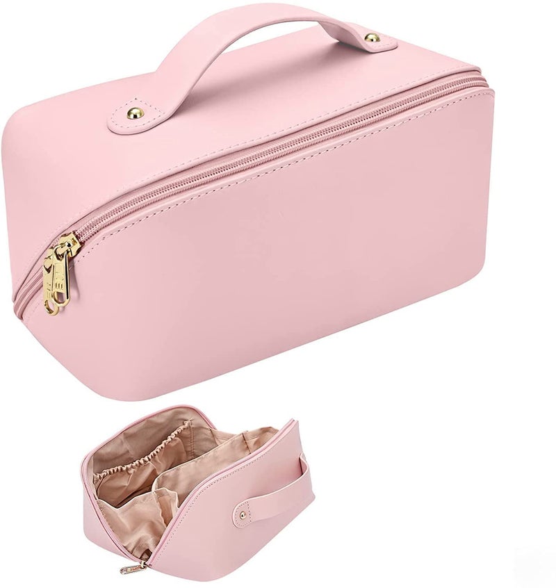 DIVHUK Travel Cosmetic Bag Toiletry Bag Portable Waterproof Leather Multifunctional Makeup Organizer Bag Cosmetic Travel Bags for Women with Handle and Divider - Image 1