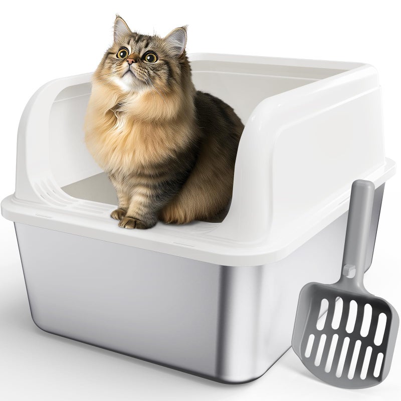 Powools Stainless Steel Cat Litter Box, Metal Litter Box with Scoop, High- Sided, Anti-Leakage Top Entry, Non-Sticky, Easy to Clean, White, M (1 Pack) - Image 1