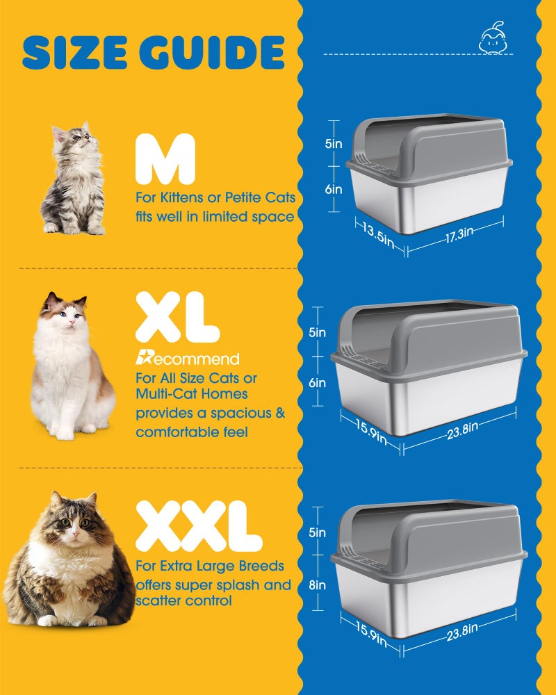 Powools Stainless Steel Cat Litter Box, Metal Litter Box with Scoop, High- Sided, Anti-Leakage Top Entry, Non-Sticky, Easy to Clean, White, M (1 Pack) - Image 2