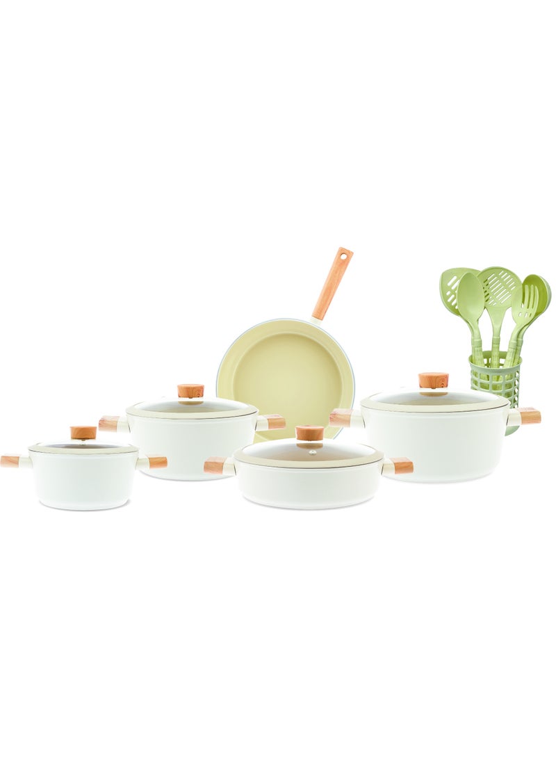 Homemaker Swiss Crystal 15-Piece Ceramic Cookware Set with Utensils Premium Nonstick Ceramic Pots & Pans Set with Glass Lids Elegant White Design with Wooden Handles - Image 1