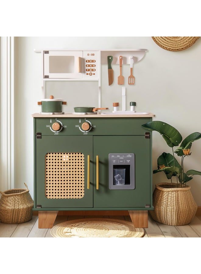 Robotime Play Kitchen with Pretend Ice Cube Dispenser for Toddler, Wooden Kids Kitchen Play Set, Toy Kitchen Set for Kids Age 3 4 5 6 7 (Vintage Green) - Image 1