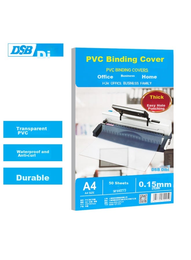 Dsb Transparent Pvc Plastic Binding Cover, A4 Size, 0.15mm Thick, Binding Spine, Transparent Cover, For Doent Bidding And File Binding, 50 Sheets/pack - Image 1
