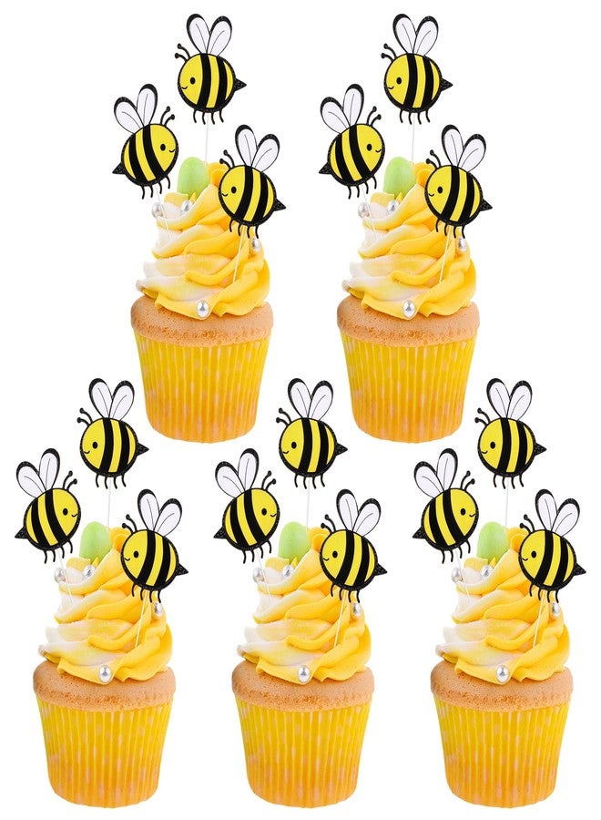 EupHHonycs 50Pcs Bee Cake Toppers Double Layer Bees Card Cake Toppers Bumble Cupcake Little Bees Decorations Bumble Figurine Cupcake Picks for Bee Theme Boys Girls Birthday Party Decoration Supplies - Image 1