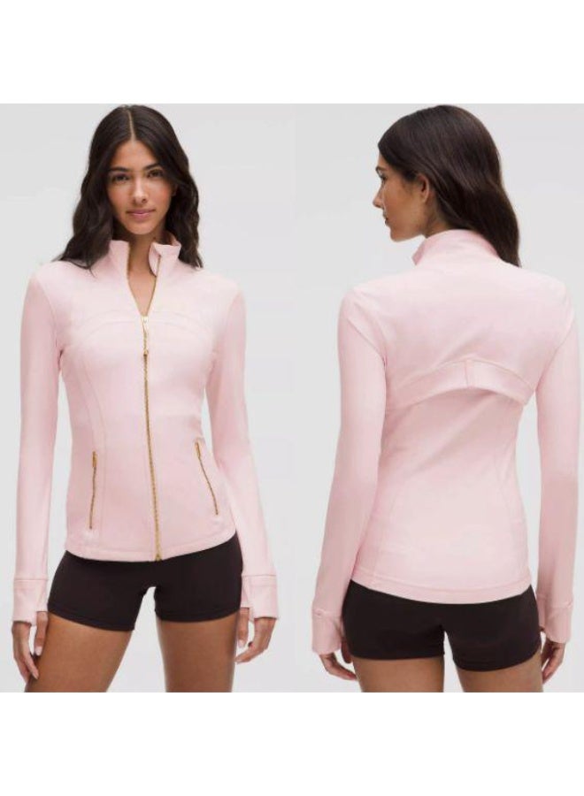 النساء Lululemon أسلوب تعريف كامل زيب سترة اليوغا رقيقة تناسب الوقوف طوق ثقوب الإبهام الذهب المعدني زيب الجيوب الجانبية الزبدة الناعمة التمدد العرق النسيج Wicking صالة الرياضة بيلاتس تشغيل معطف التمرين الرياضي الباستيل الوردي ومتعدد الألوان