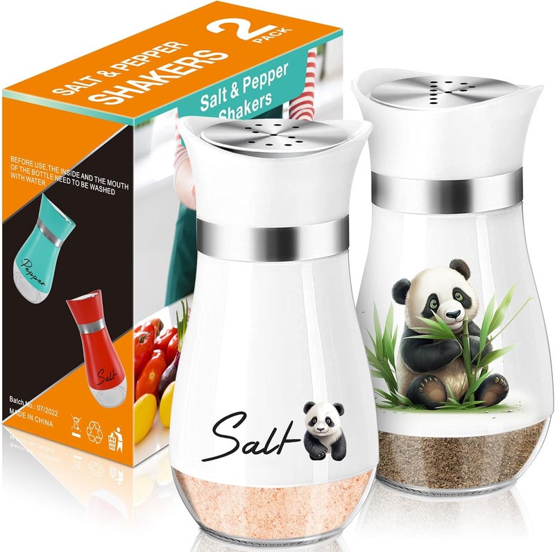 Arrozon Panda Salt and Pepper Shakers Set,4 oz Glass Bottom Salt Pepper Shaker with Stainless Steel Lid Kitchen Decor and Accessories Refillable Design(Panda Eatting) - Image 1