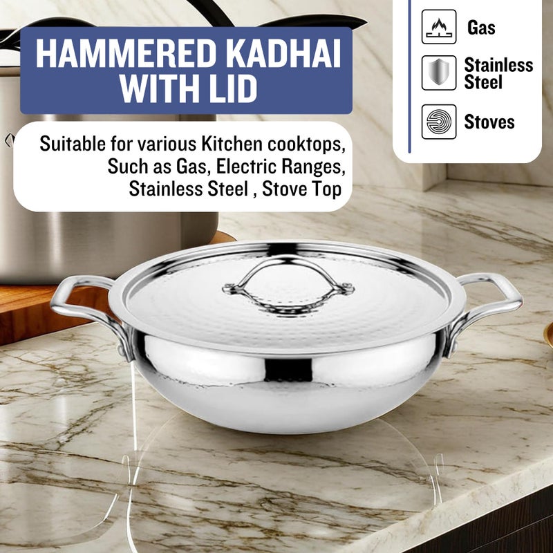 The Indian Aura Stainless Steel Kadhai (4 Litre 28 cm) | Magnum Hammered Kadhai Heavy Bottom | Kadai with Lid | Induction & Gas Compatible | Cookwear Kadai for Cooking Deep Frying | 5-Year Warranty - Image 5