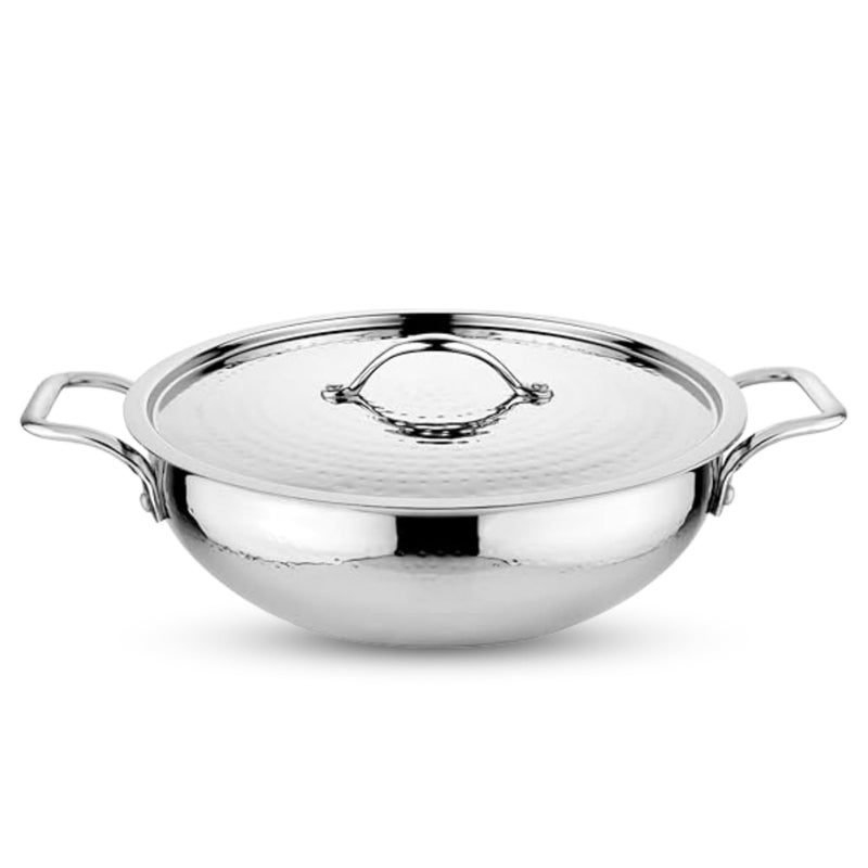 The Indian Aura Stainless Steel Kadhai (4 Litre 28 cm) | Magnum Hammered Kadhai Heavy Bottom | Kadai with Lid | Induction & Gas Compatible | Cookwear Kadai for Cooking Deep Frying | 5-Year Warranty - Image 1