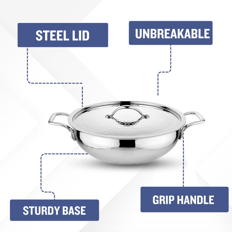 The Indian Aura Stainless Steel Kadhai (4 Litre 28 cm) | Magnum Hammered Kadhai Heavy Bottom | Kadai with Lid | Induction & Gas Compatible | Cookwear Kadai for Cooking Deep Frying | 5-Year Warranty - Image 2