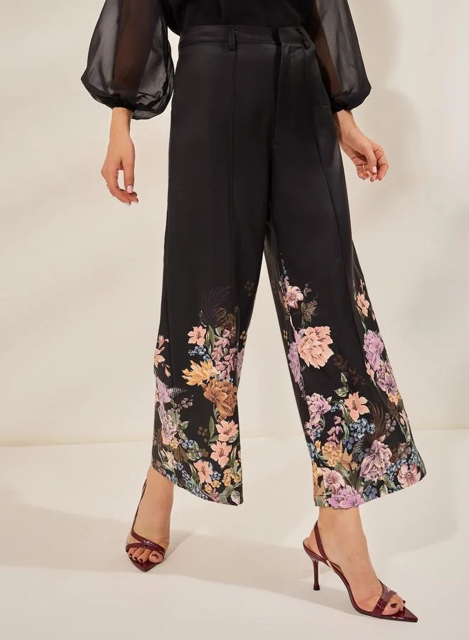 Styli Black Wide Leg Trousers with Floral Hem