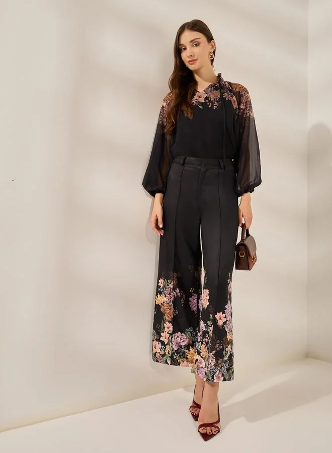 Styli Black Wide Leg Trousers with Floral Hem