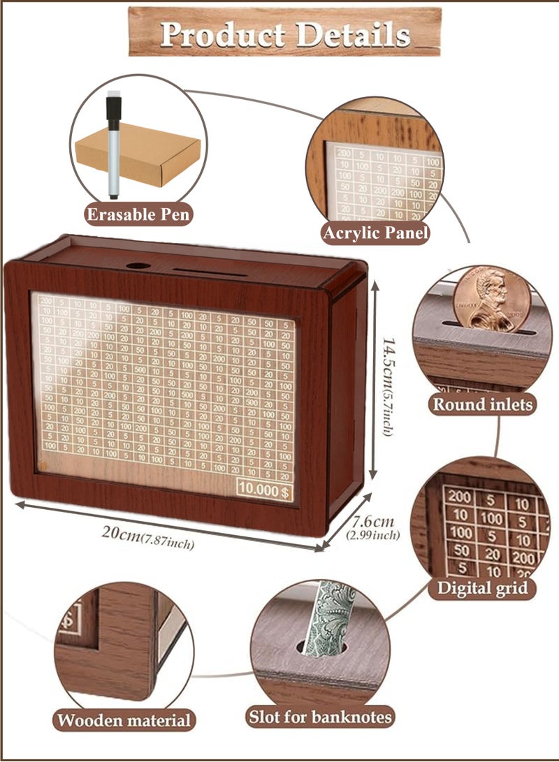 YooA Wooden Money Saving Box with Nature Dark Wood|Reusable Money Box with Erasable Marker and Counter,Currency/Cash/Coin Saver, Piggy Bank, Dark Wooden Material Sturdy No Damage Reusable Smooth No Burrs Tool Saving, Money Donation Container, Target Best Holidays, Birthdays, Other Events Gift for Friends, Adults, Kids(10000 Dirhams/Dollars)  - Image 2